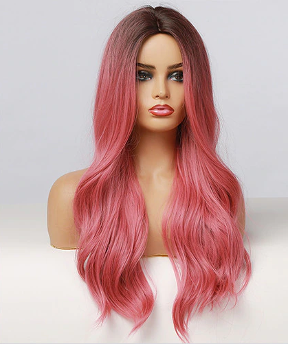 Long Wavy bottom Pink Dark Roots 24" long wig
