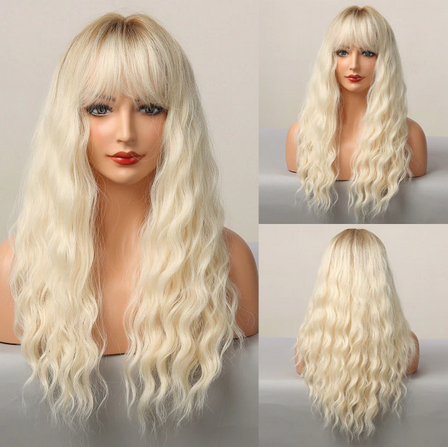 water waves blonde wig with bangs and dark roots